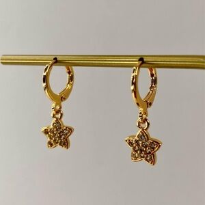 Beautiful Pair of High Quality Gold Plated French Star Hoop Earrings